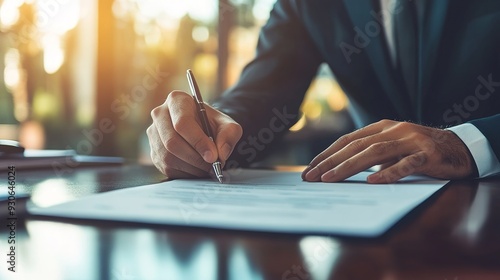 A professional handing over a signed contract, with other documents and reports visible on the desk