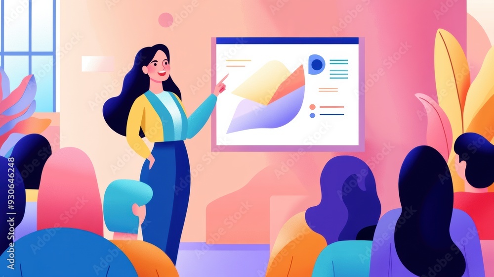 A woman is giving a presentation to people in an office, AI A woman is giving a presentation to people in an office, AI