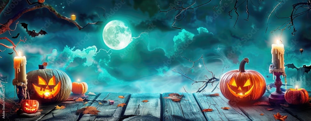 Halloween Night: Jack O’ Lantern, Ghost Pumpkins, and Candles on Table in Spooky Full Moon Glow Halloween Night: Jack O’ Lantern, Ghost Pumpkins, and Candles on Table in Spooky Full Moon Glow
