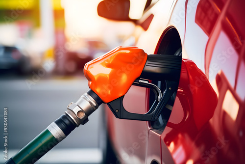 Automobile getting refueled at gas pump with gasoline.