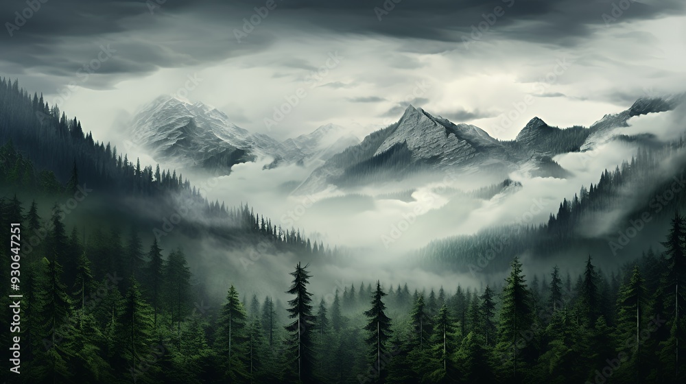 A serene landscape featuring mountains shrouded in mist and dense evergreen forests. A serene landscape featuring mountains shrouded in mist and dense evergreen forests.