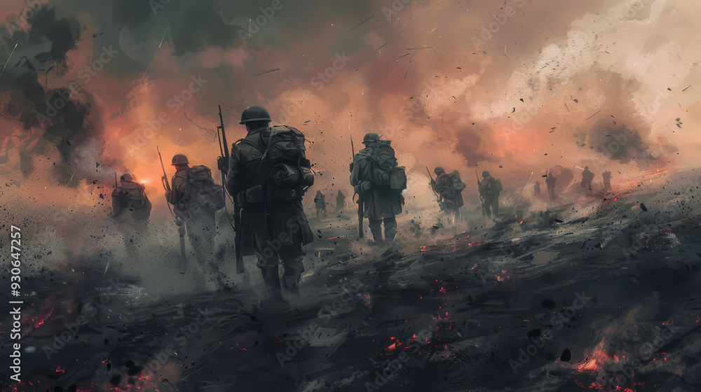 Naklejka premium A group of soldiers are walking through a war zone