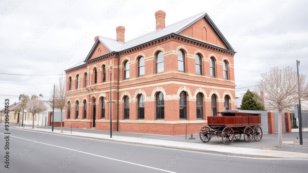 Fototapeta premium An antique black horse-drawn carriage rests beside an old South Australian prison building, featuring striking brown brick walls and a distinctive red tiled roof