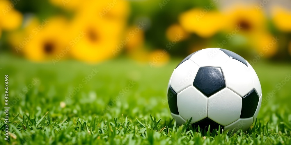 Obraz premium A soccer ball on a grassy field with blurred yellow flowers in the background