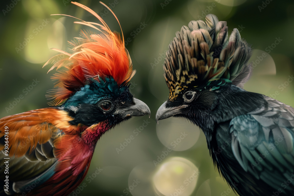Fototapeta premium Two birds with colorful feathers are standing next to each other