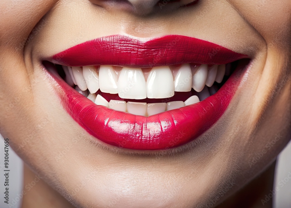 Close-up portrait of a smiling mouth with plump, rosy lips curved upwards, revealing straight white teeth and a subtle, radiant glow. Close-up portrait of a smiling mouth with plump, rosy lips curved upwards, revealing straight white teeth and a subtle, radiant glow.
