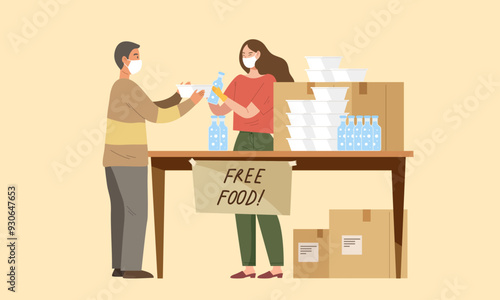 Food sharing during COVID-19 pandemic, concept of giving food and water to people who suffered, unemployed or homeless, help, volunteer, humanity, kind, new normal Flat vector illustration.