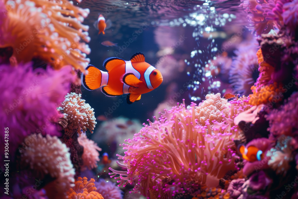 Fototapeta premium A fish is swimming in a tank with pink and purple coral