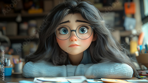 3d cartoon illustration of thoughtful young woman with glasses and worried expression in cozy indoor setting.