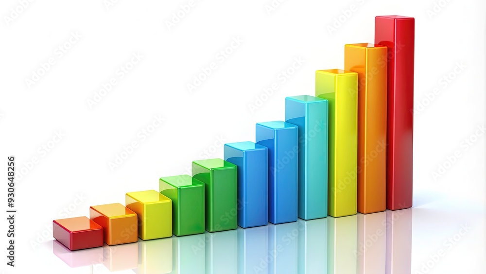 Colorful 3D bar graph with gradual increase, isolated on a white background, visually representing growth, progress, and statistics in a clean and minimalist style. Colorful 3D bar graph with gradual increase, isolated on a white background, visually representing growth, progress, and statistics in a clean and minimalist style.