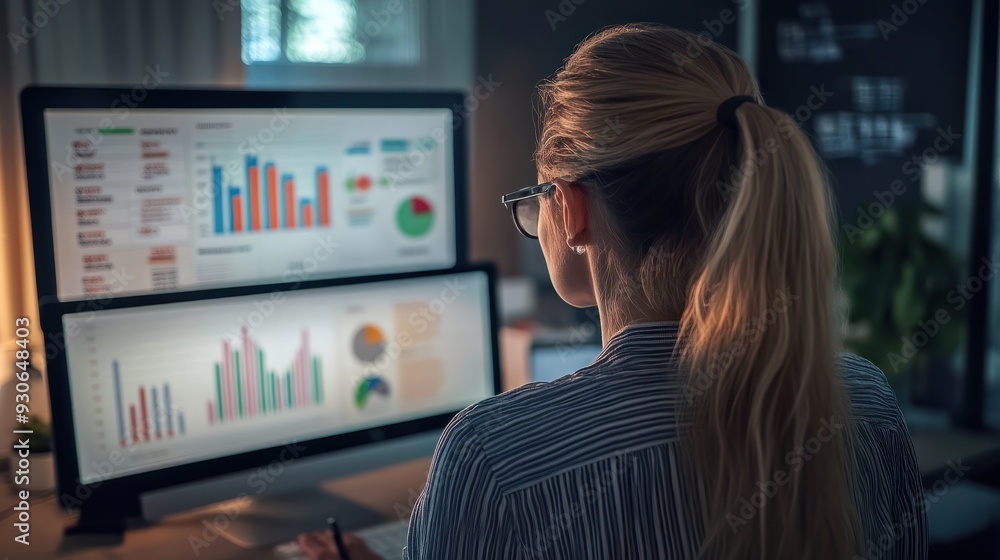 business woman working in office, looking to different charts with growing revenue in the future business woman working in office, looking to different charts with growing revenue in the future