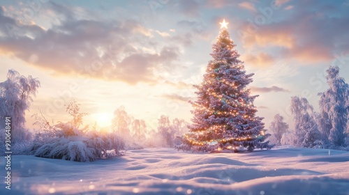 Celebrating winter's beauty with a decorated Christmas tree in snowy landscape. Merry christmas, happy new year concept