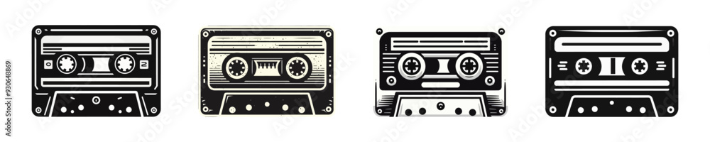 Naklejka premium Vector icons of four vintage cassette tapes in monochrome, perfect for retro, music, and nostalgia-themed designs.