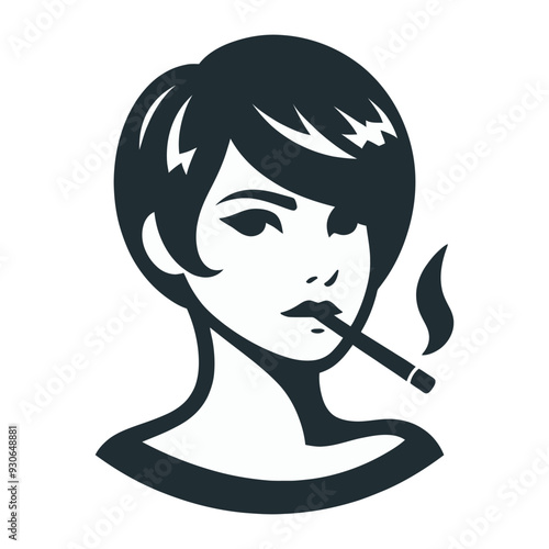 Vector illustration of a stylish woman with short hair smoking, captured in a bold, monochrome design.