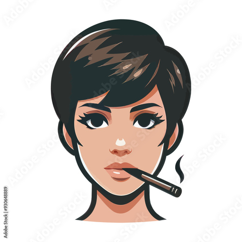 Vector illustration of a stylish woman with short hair smoking a cigarette, featuring bold colors and a modern design.