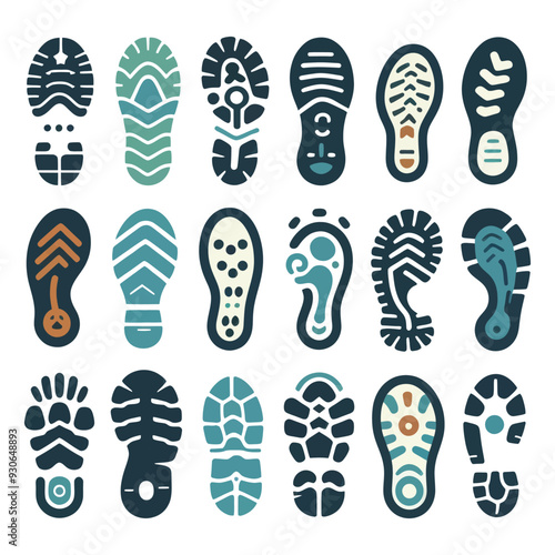 Vector icons of diverse shoe sole prints in various styles and colors, ideal for footwear, adventure, and sports themes.