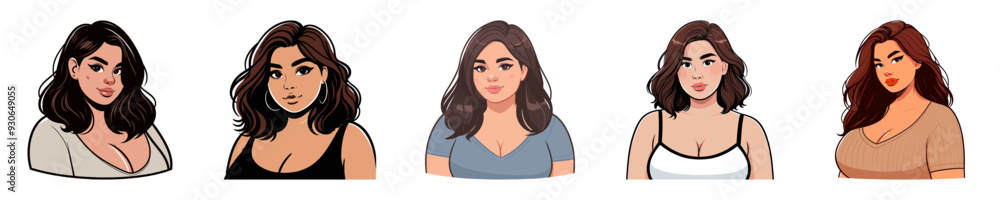 Diverse vector illustrations of women in various casual outfits, each with unique hairstyles.