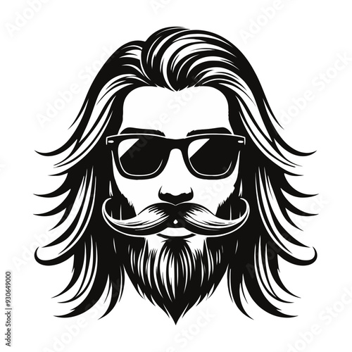 A monochrome vector illustration of a bearded man wearing sunglasses with a stylish mustache and long hair, ideal for logos or branding.