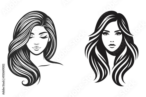 A monochrome vector illustration of a woman's face with flowing hair and closed eyes, showcasing elegance and femininity.