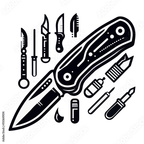 Vector illustration of various knives, including folding and utility knives, displayed in a minimalist style.