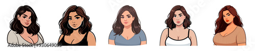 Diverse vector illustrations of women in various casual outfits, each with unique hairstyles.