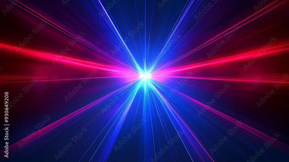 Blue and red laser beams radiating from the center of an abstract background, creating dynamic light rays that illuminate the dark space Blue and red laser beams radiating from the center of an abstract background, creating dynamic light rays that illuminate the dark space