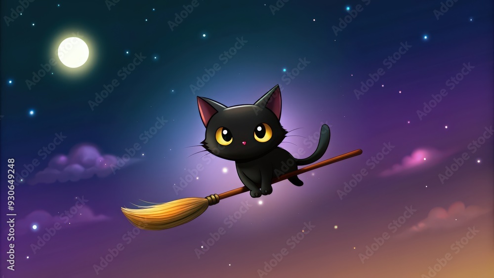 Fototapeta premium Black Cat Flying on a Broom Stick Against a Starry Night Sky