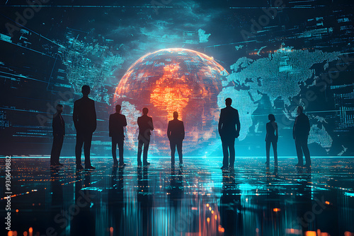 3D tech illustration of a data analytics tool with a globe illustration of the world and silhouettes of businesspeople looking at the big screen