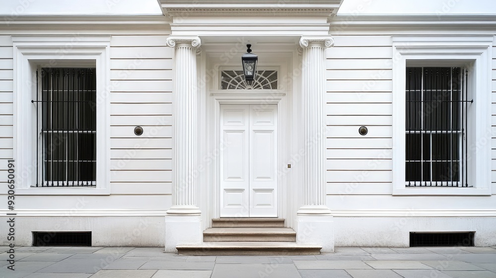 A white wooden front door enhanced by glass panels and surrounded by decorative plants against a clean white wall with black accents A white wooden front door enhanced by glass panels and surrounded by decorative plants against a clean white wall with black accents