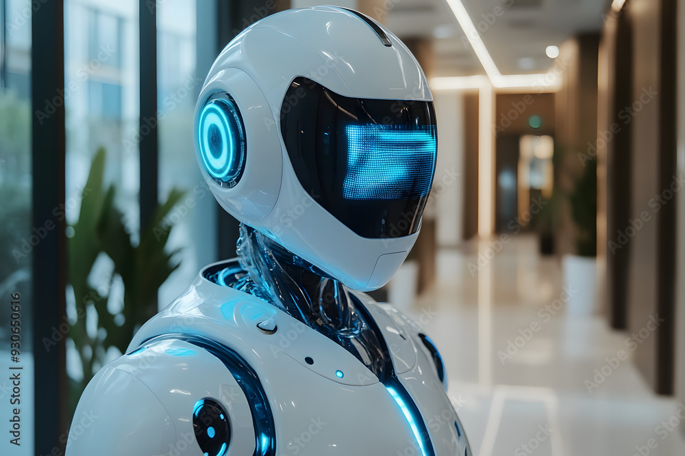Ai android robot in a modern futuristic clean office standing Ai android robot in a modern futuristic clean office standing