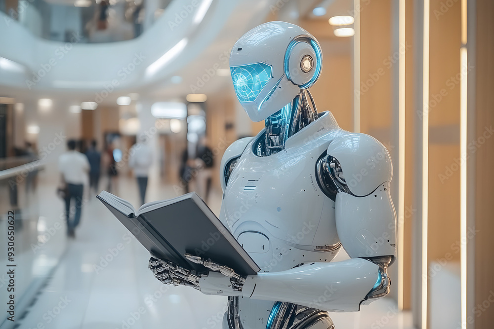 Ai android robot in a modern office settings standing and reading a book about future of Ai Ai android robot in a modern office settings standing and reading a book about future of Ai