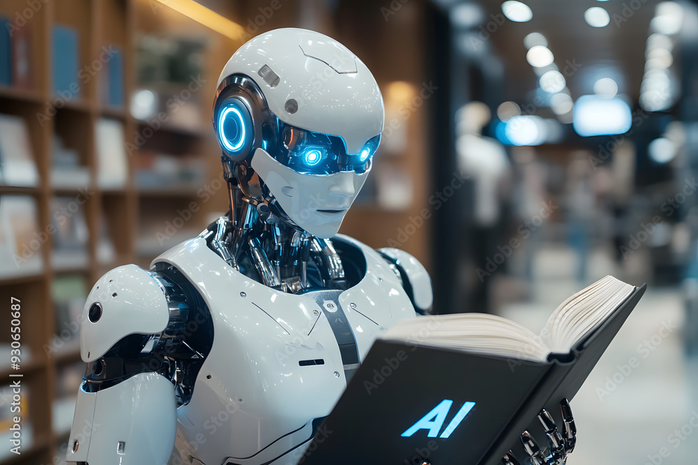 Ai android robot in a modern office settings standing and reading a book about future of Ai Ai android robot in a modern office settings standing and reading a book about future of Ai