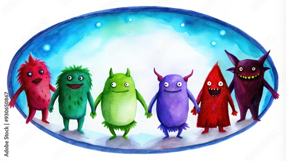 Obraz premium Watercolor Illustration of Six Friendly Monsters Holding Hands