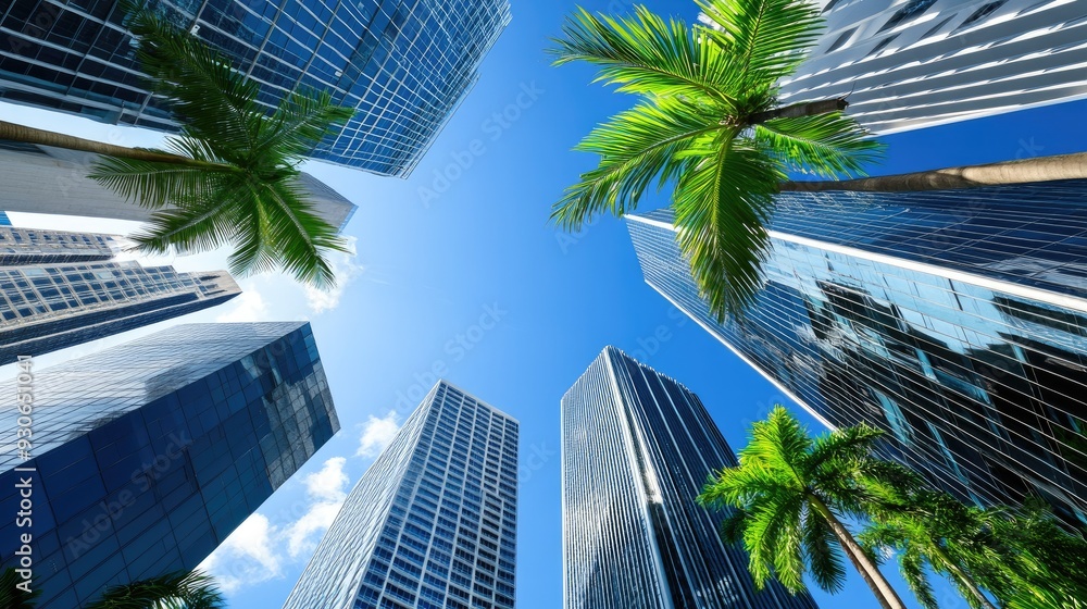 Fototapeta premium Tall glass and steel buildings tower over palm trees, showcasing a luxurious lifestyle amidst a vibrant blue sky in downtown Miami
