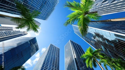 Tall glass and steel buildings tower over palm trees, showcasing a luxurious lifestyle amidst a vibrant blue sky in downtown Miami