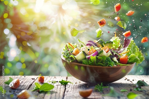 Fresh Salad with Assorted Vegetables and Dressing at Outdoor Picnic