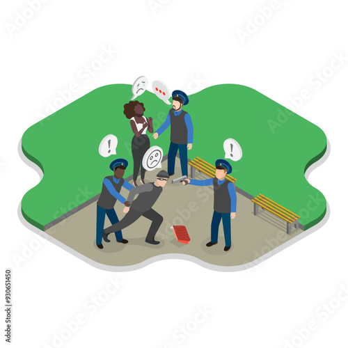 3D Isometric Flat Vector Set of Police Work Scenes, Law and Justice Service. Item 2