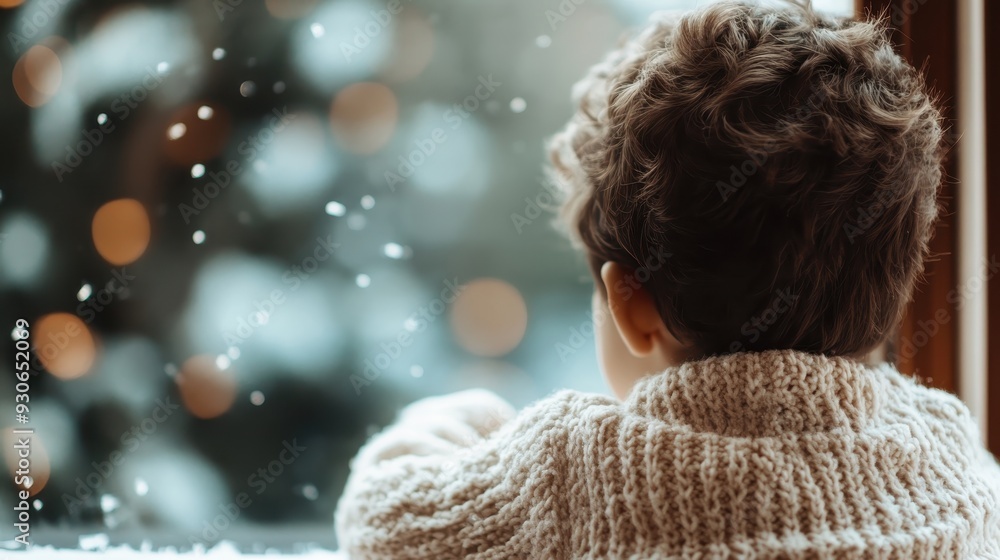 A young child dressed in a thick, knitted sweater gazes out the window watching snow fall, evoking a sense of wonder and peaceful solitude during winter. A young child dressed in a thick, knitted sweater gazes out the window watching snow fall, evoking a sense of wonder and peaceful solitude during winter.