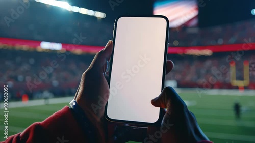 Close-up of a sport fan hand holding touching smartphone with blank white screen in a crowed football soccer stadium