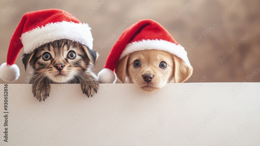 Kitten and puppy in red Santa Claus hats peek behind a white banner or board. New Year poster layout for a pet store or veterinary clinic. Free space for product placement or advertising text. Kitten and puppy in red Santa Claus hats peek behind a white banner or board. New Year poster layout for a pet store or veterinary clinic. Free space for product placement or advertising text.