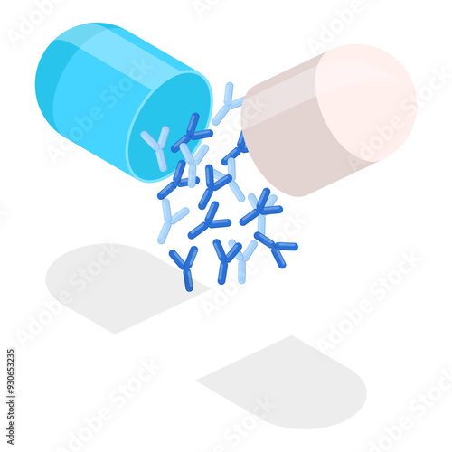 3D Isometric Flat Vector Set of Probiotics Pills, Microbiome Elements in Medical Capsules. Item 1