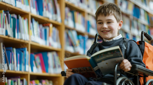 disabled, student, wheelchair, reading, book, library, inclusive, education, diversity, classroom, happy, cute, learning, disability, child, boy, school, young, inclusion, concept, student, accessibil photo