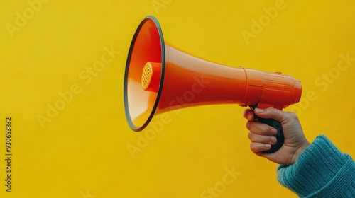 person's hand gripping a megaphone against a yellow background photo