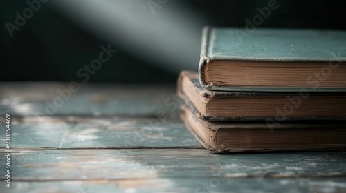 A stack of aged books lies on a rustic wooden table bathed in light, symbolizing wisdom, history, and the beauty of learning from the past.