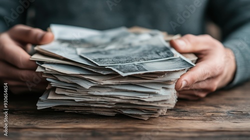 Individual holding a thick stack of black and white photographs, the collection resting on a rustic wooden table, reflecting memories and a bygone era. photo