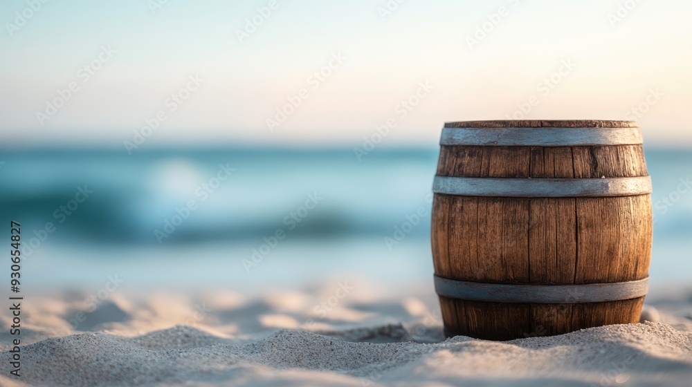 This image captures a rustic wooden barrel sitting on the sand of a beach during sunset, evoking a serene and nostalgic atmosphere. Ideal for themes of beauty and relaxation. This image captures a rustic wooden barrel sitting on the sand of a beach during sunset, evoking a serene and nostalgic atmosphere. Ideal for themes of beauty and relaxation.