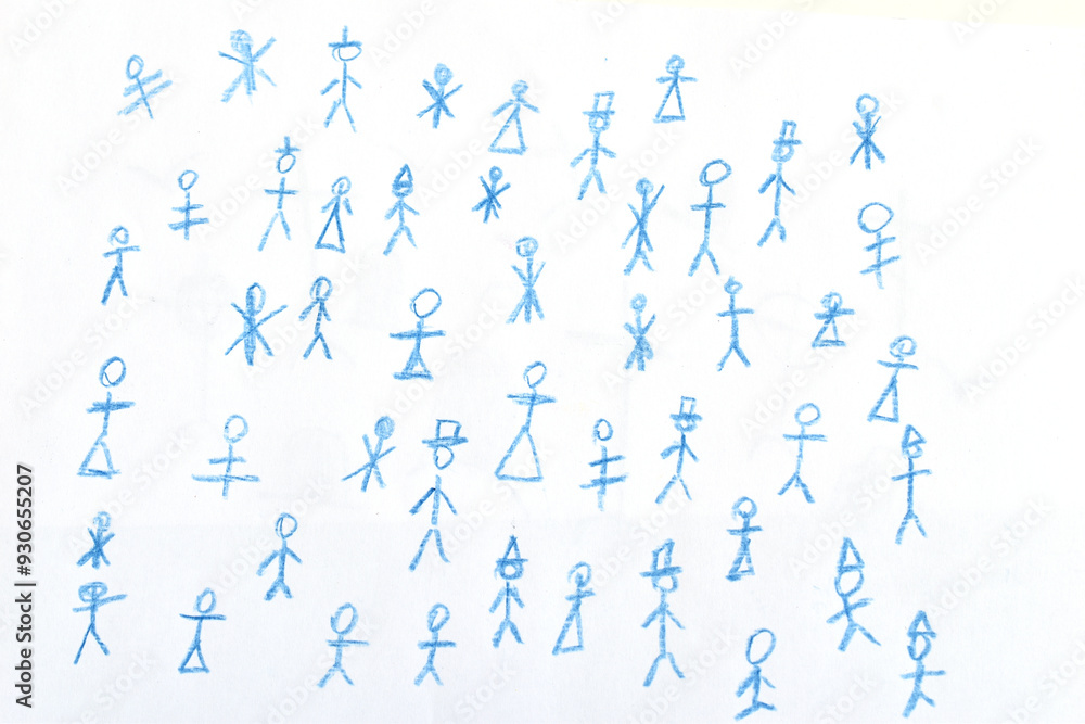 Figures of men drawn randomly with a blue pencil on a white background. Figures of men drawn randomly with a blue pencil on a white background.