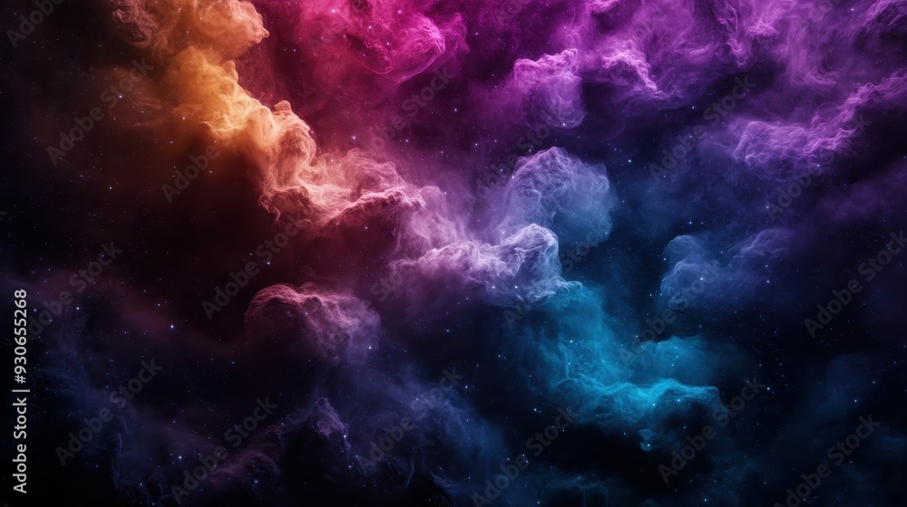 Fototapeta premium A mesmerizing display of multi-colored nebula clouds in space, blending vibrant pinks, purples, blues, and oranges, creating a stunning cosmic phenomenon.