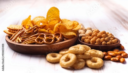 salty snacks crackers potato chips pretzel peanuts corn puffs photo