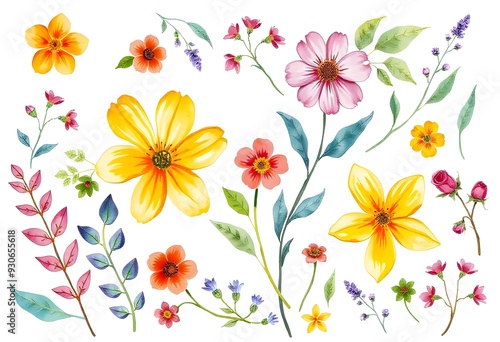 Colorful various floral pattern with yellow and pink flowers, leaves, and other botanical elements on a white background